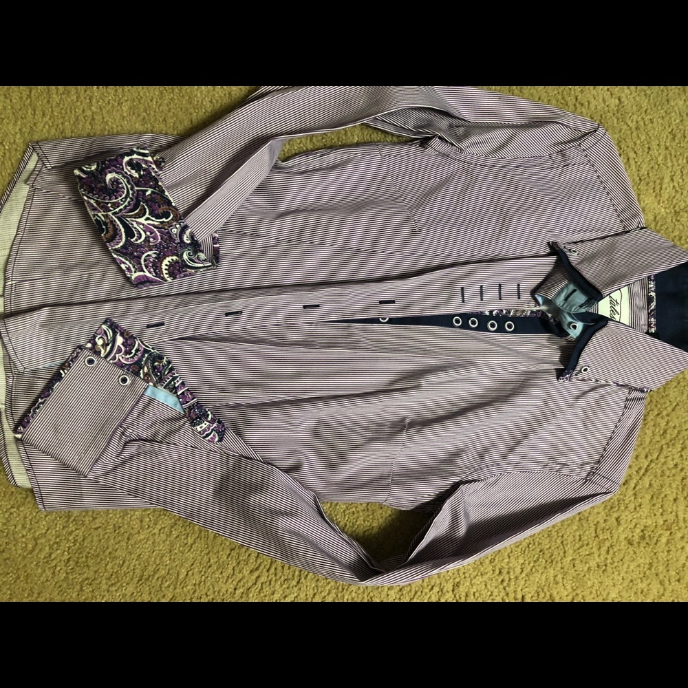 Purple and white striped shirt with paisley cuffs.